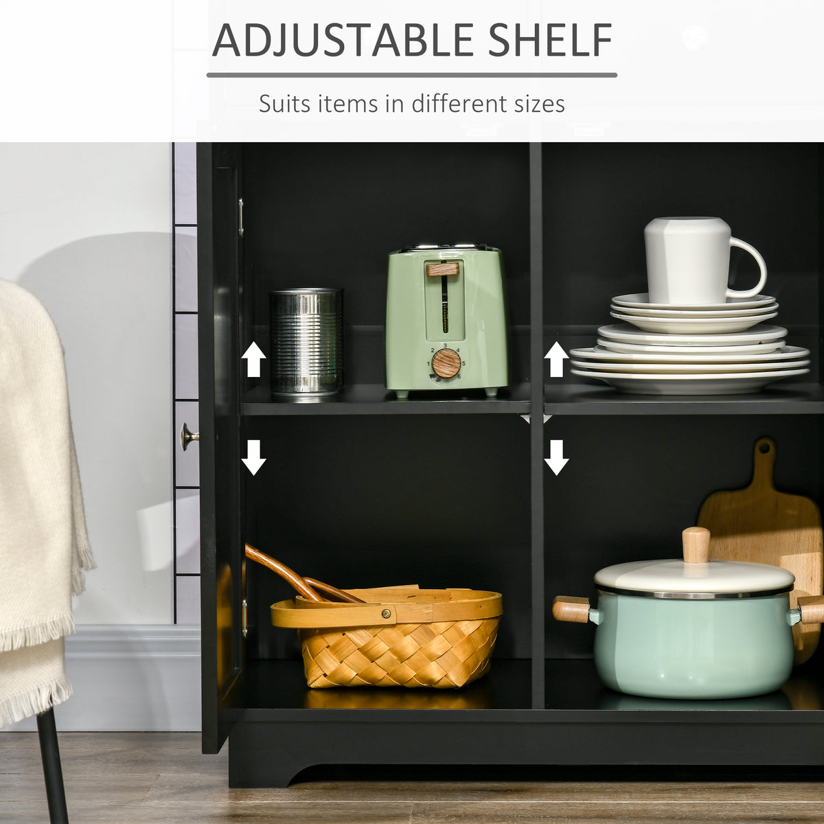 HOMCOM Sideboard with Rubberwood Top and Adjustable Shelves for Dining Room, Kitchen - Black