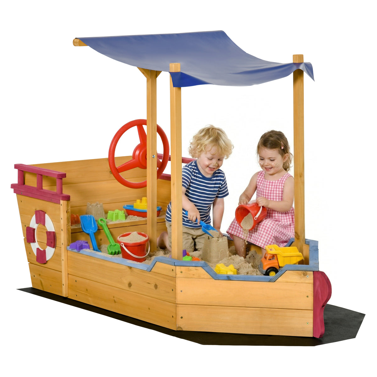 Outsunny Sand Pit, Kids Wooden Sandbox Pirate Ship, Sandboat Play Station with Canopy Shade, Storage Bench and Bottom Liner for Outdoor Garden
