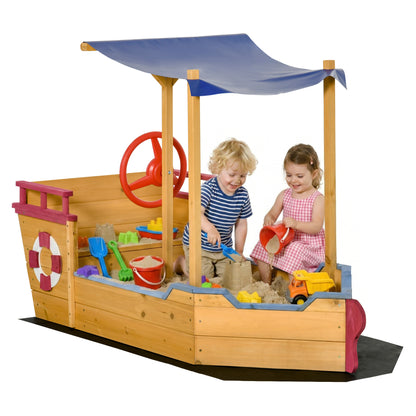 Outsunny Sand Pit, Kids Wooden Sandbox Pirate Ship, Sandboat Play Station with Canopy Shade, Storage Bench and Bottom Liner for Outdoor Garden