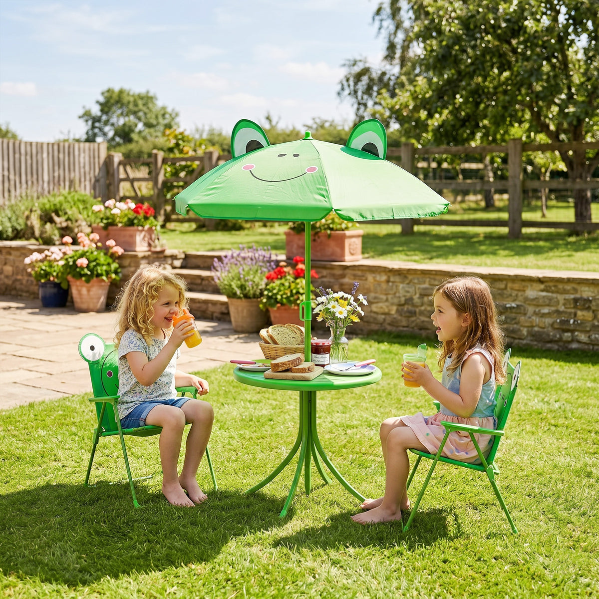 Outsunny Kids Folding Picnic Table Chair Set w/ Parasol, Green