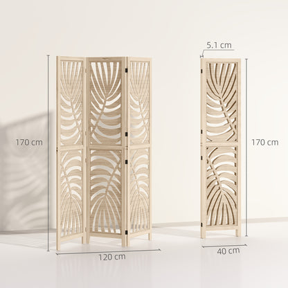 HOMCOM 3 Panel Room Divider, Detachable Folding Privacy Screens with Palm Leaf Design for Home Office, Natural Wood Finish