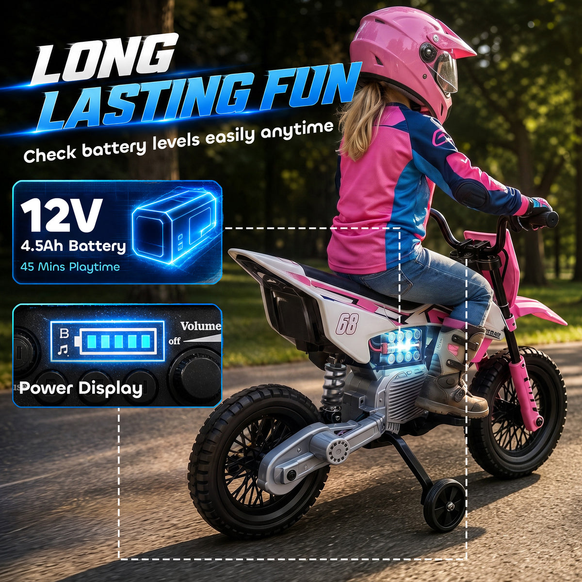 AIYAPLAY Kids Electric Motorcycle, 12V Ride On Motorbike with Training Wheels, Soft Start, Suspension, Music for 3–6 Years, Pink