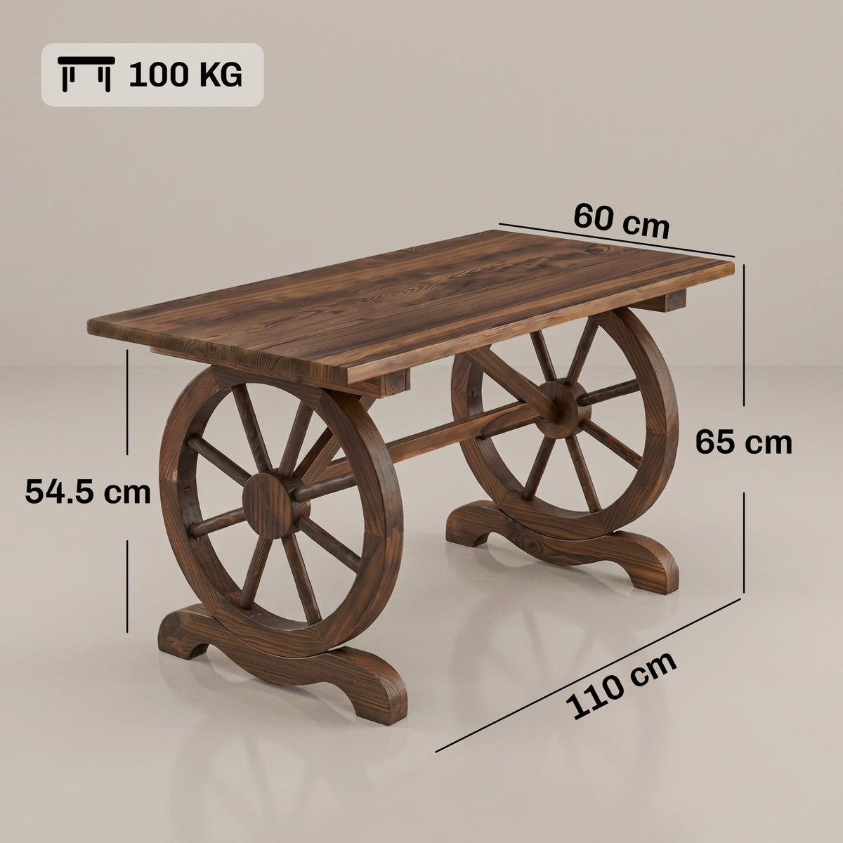 Outsunny Wooden Garden Dining Table, Wagon Wheel Outdoor Coffee Table with 3 cm Wood Top for Patio, Balcony, Terrace, 110 x 60 x 65 cm, Carbonised Finish
