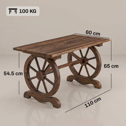 Outsunny Wooden Garden Dining Table, Wagon Wheel Outdoor Coffee Table with 3 cm Wood Top for Patio, Balcony, Terrace, 110 x 60 x 65 cm, Carbonised Finish