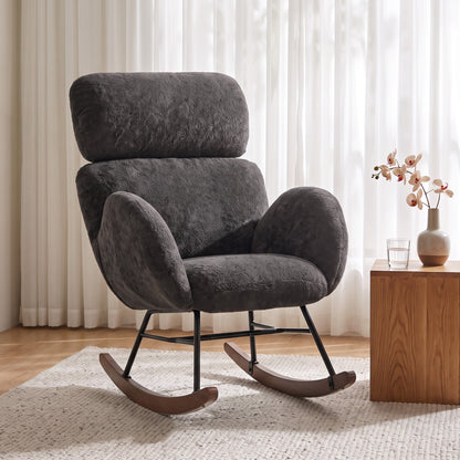 HOMCOM Upholstered Rocking Chair Adjustable Headrest Rocker Chair Raindrop Velvet Rubberwood Base Dark Grey