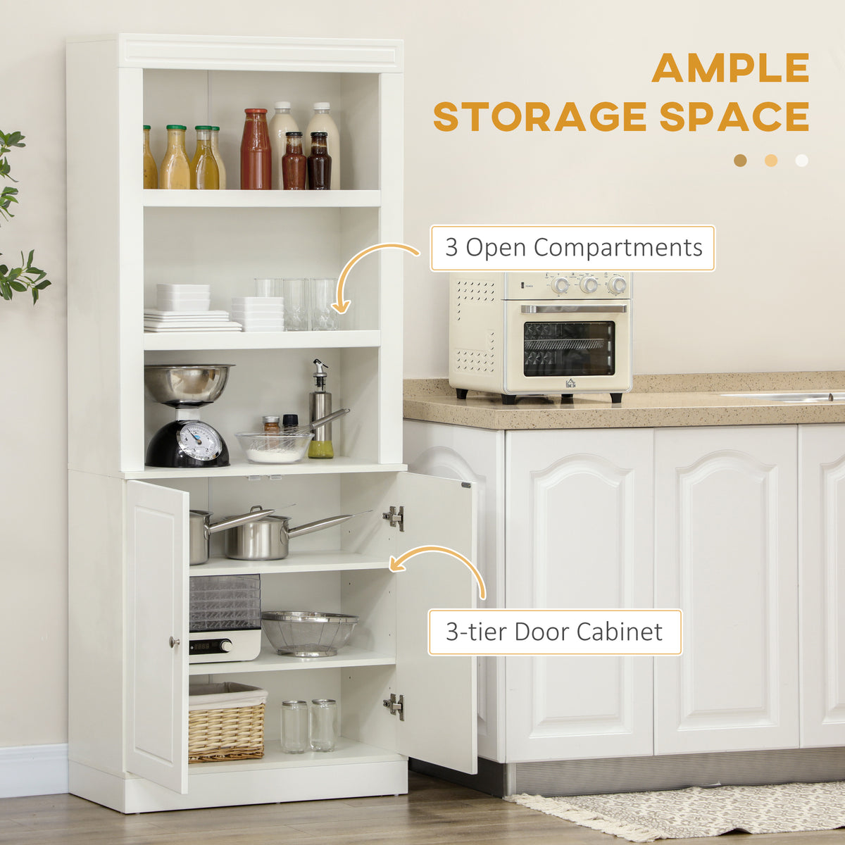 HOMCOM Kitchen Cupboard with 6-tier Shelving, Freestanding Storage Cabinet Sideboard, Pantry Cupboard with 3 Open Compartments and Double-door Cabinet with Adjustable Shelves, White