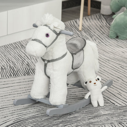 HOMCOM Kids Plush Ride-On Rocking Horse Toy Rocker with Plush Toy Realistic Sounds for Child 18-36 Months White