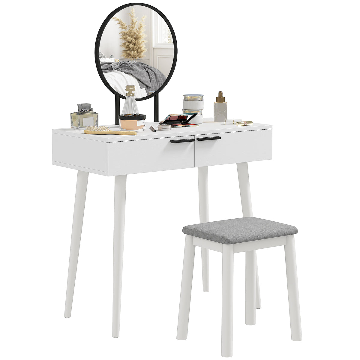 HOMCOM Modern Dressing Table with Round Mirror and Stool, Makeup Vanity Table with 2 Drawers for Bedroom, Living Room, 80 x 40 x 123 cm, White