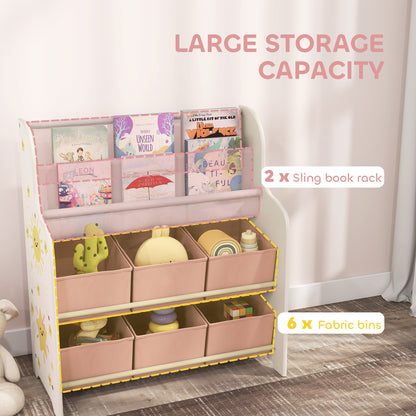 AIYAPLAY Kids Storage Unit, Toy Organiser with 6 Fabric Drawers and 2-Tier Sling Book Rack for Bedroom, Playroom, Nursery, Pink