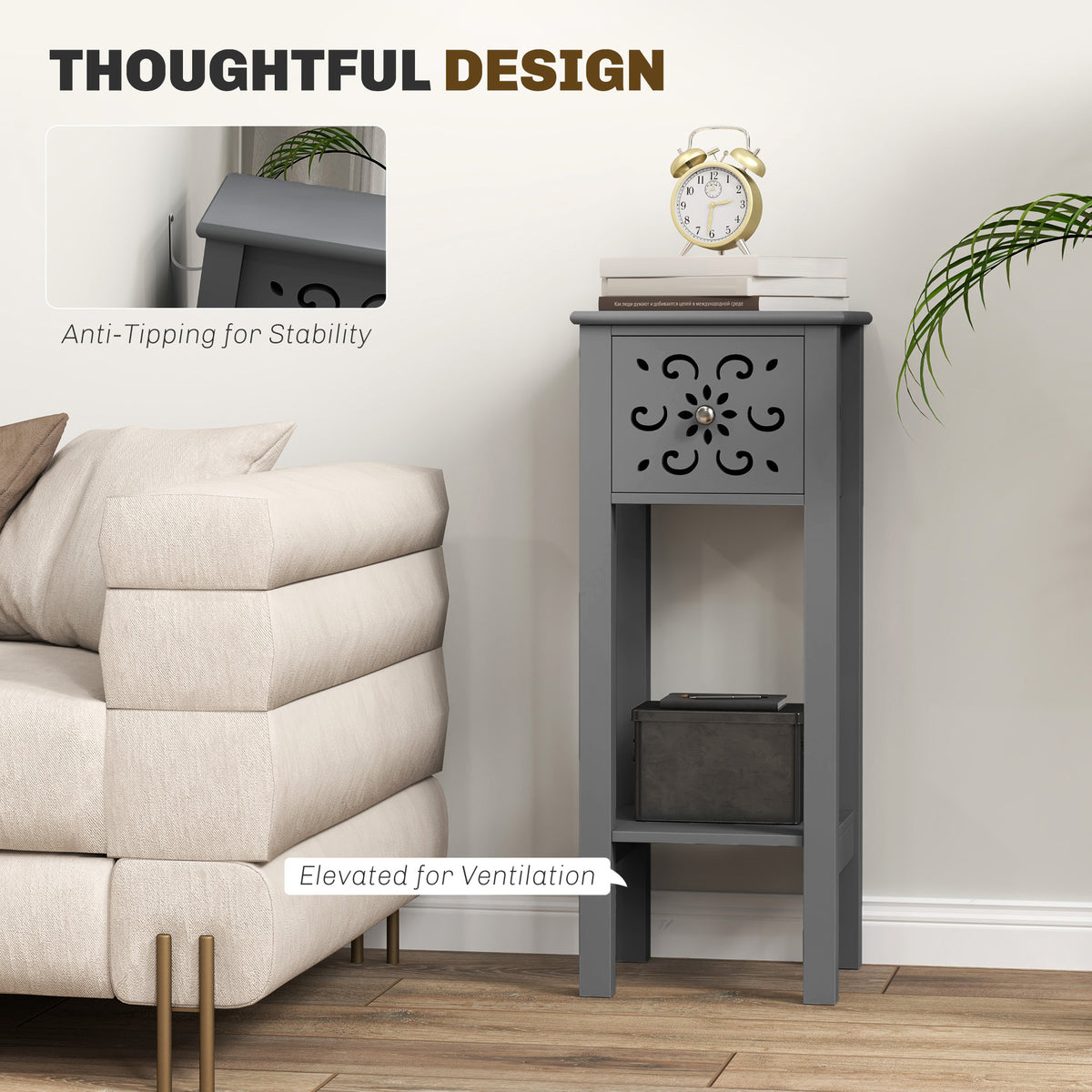 HOMCOM Set of Two Elegant Floral Cut-Out Side Tables - Grey