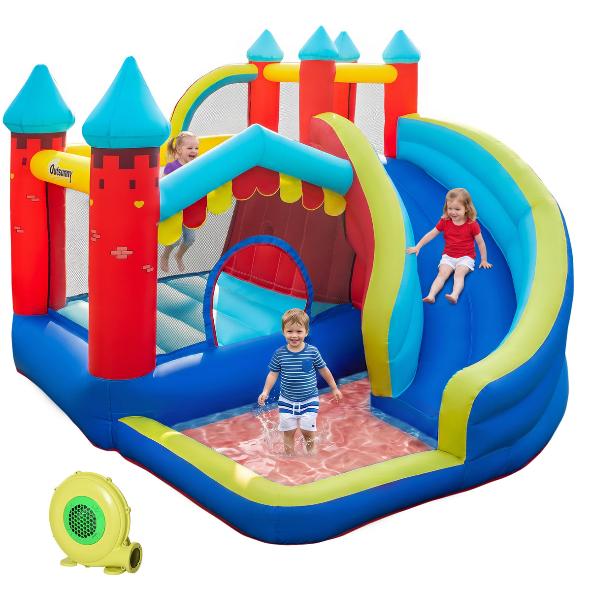 Outsunny Kids Bouncy Castle, with Slide, Pool, Trampoline, Climbing Wall, Blower