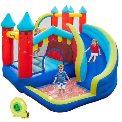 Outsunny Kids Bouncy Castle, with Slide, Pool, Trampoline, Climbing Wall, Blower