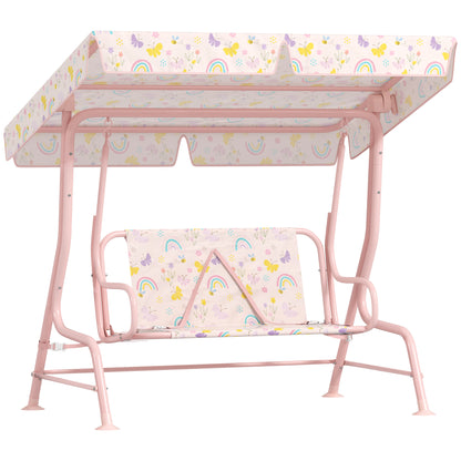 AIYAPLAY Kids Garden Swing Chair with Adjustable Canopy, Safety Belt, 2 Seater Hammock Swing Bench for Patio, Porch, Pink