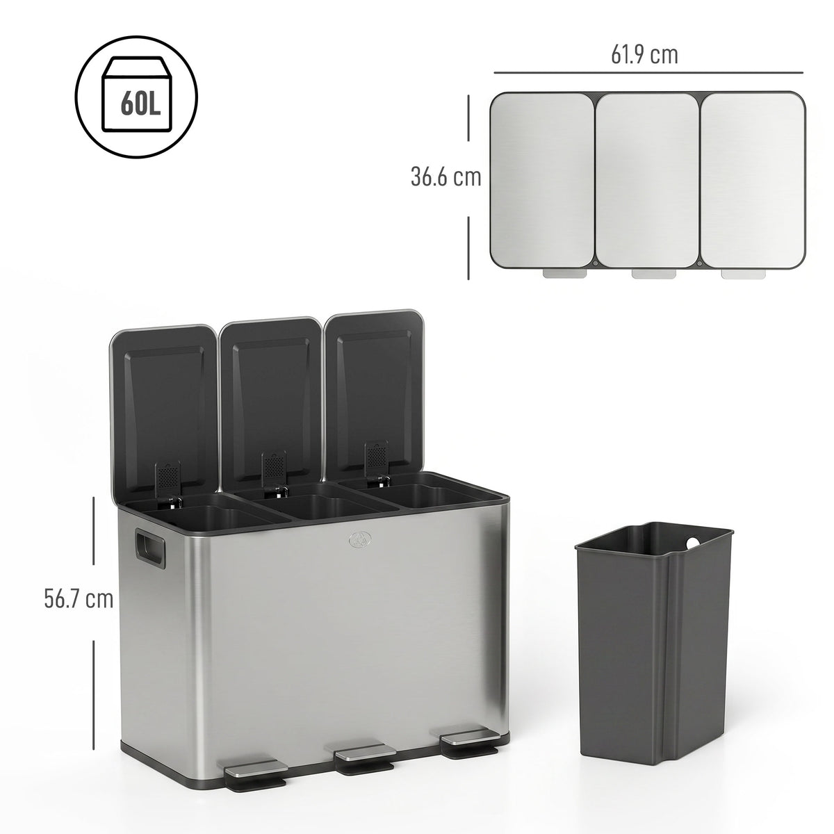 HOMCOM 3 x 20L Pedal Bin, Steel Triple Kitchen Bin with Soft Close Lid, Removable Inner Buckets, Fingerprint-Proof, Silver Tone