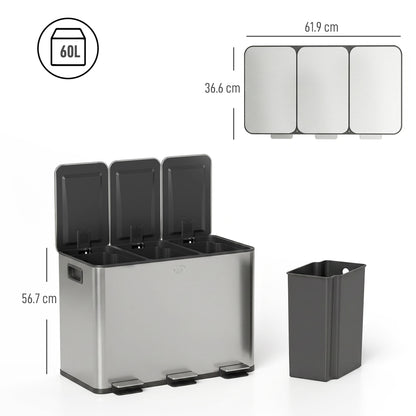 HOMCOM 3 x 20L Pedal Bin, Steel Triple Kitchen Bin with Soft Close Lid, Removable Inner Buckets, Fingerprint-Proof, Silver Tone