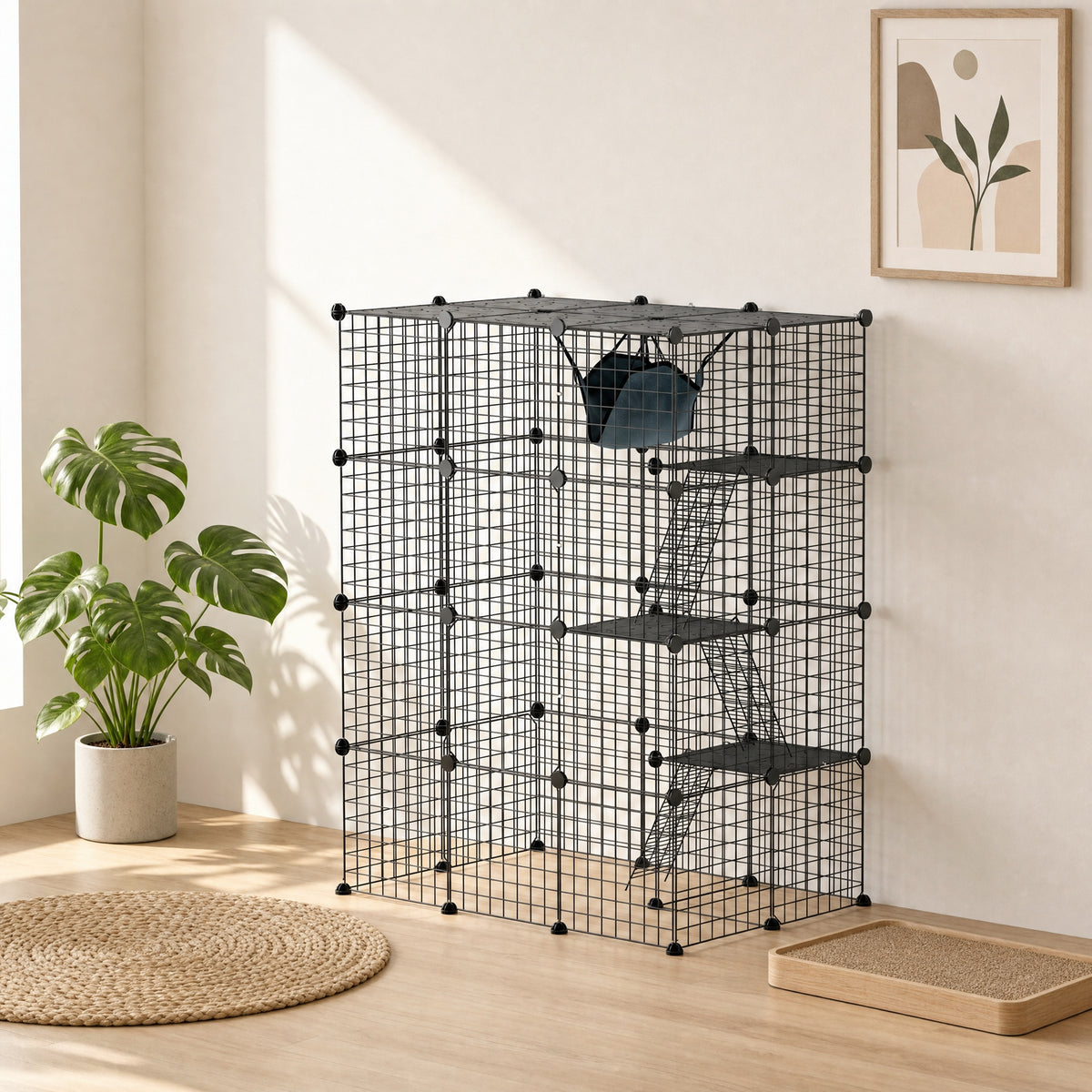 PawHut Four-Tier DIY Large Cat Cage with Hammock, Ramps, Five Doors, Indoor Use for 1-3 Cats, Black