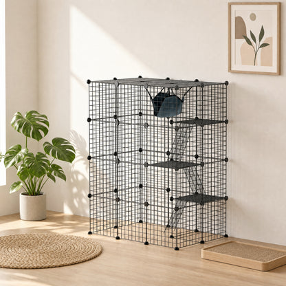 PawHut Four-Tier DIY Large Cat Cage with Hammock, Ramps, Five Doors, Indoor Use for 1-3 Cats, Black