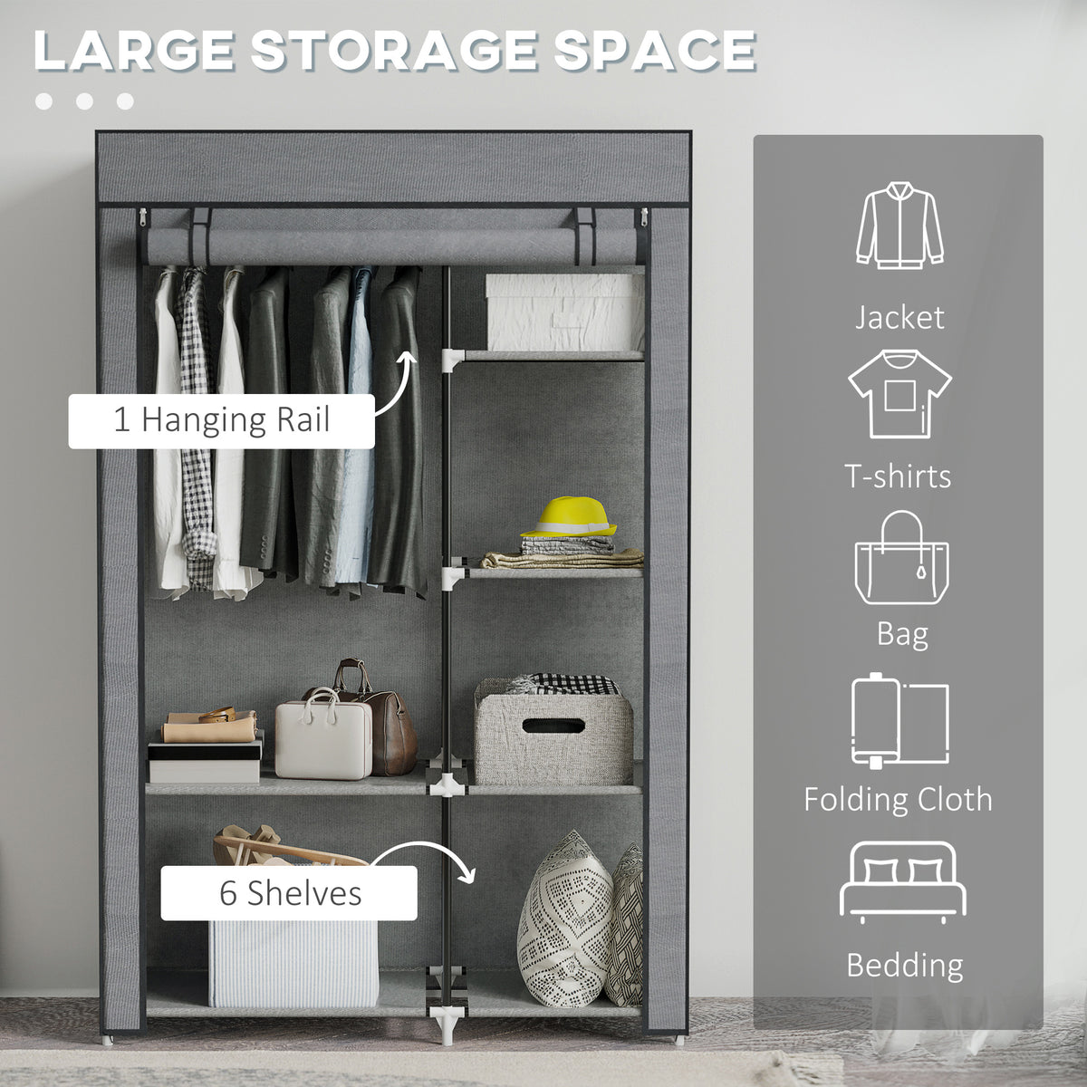 HOMCOM Fabric Wardrobe w/ Shelves Hanging Rail Foldable Wardrobe Dark Grey
