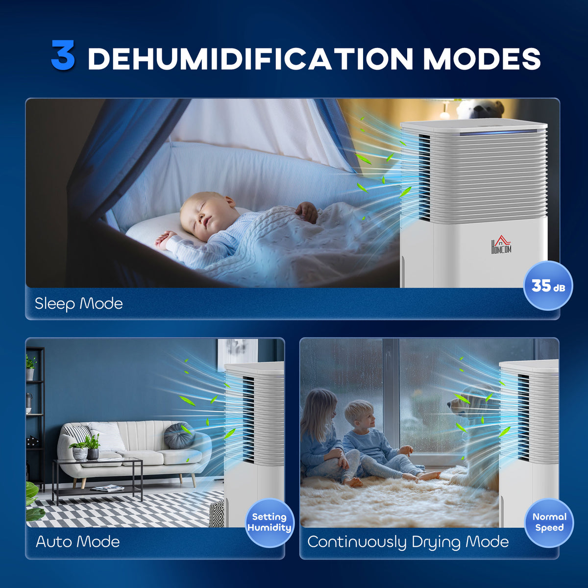 HOMCOM 10L/Day Dehumidifier with 2L Water Tank, Laundry Drying, Automatic Humidity Sensor, Electric Portable Dehumidifier with 24H Timer, 3 Modes for Home Damp, Mould and Condensation