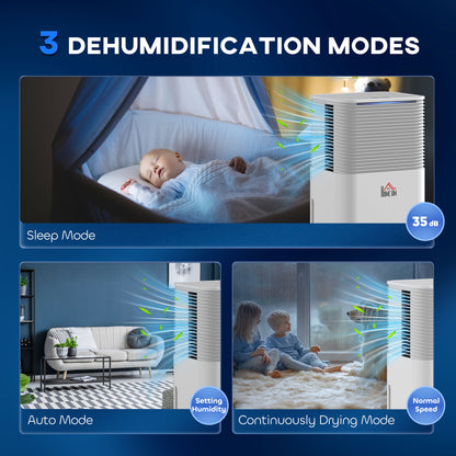 HOMCOM 10L/Day Dehumidifier with 2L Water Tank, Laundry Drying, Automatic Humidity Sensor, Electric Portable Dehumidifier with 24H Timer, 3 Modes for Home Damp, Mould and Condensation