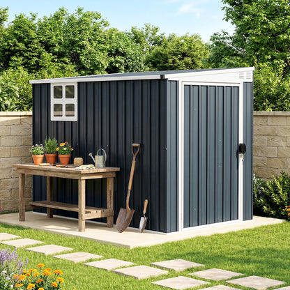 Outsunny 7.6 x 4ft Lean to Garden Metal Shed, Outdoor Storage Shed with Window, 2 Vents and Lockable Door for Garden, Dark Grey