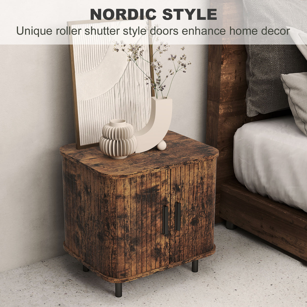 HOMCOM Nightstand with Sliding Doors and Metal Legs Rustic Brown