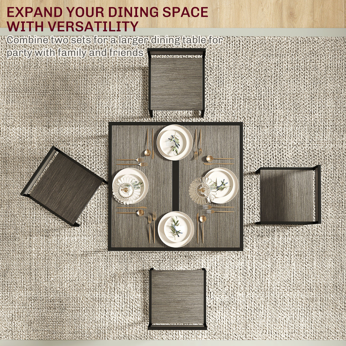 HOMCOM Dining Table and Chairs Set 2, Dining Room Sets, Rectangular Space Saving Table and 2 Chairs for Compact Kitchens, Steel Frame, Grey Wood-Effect