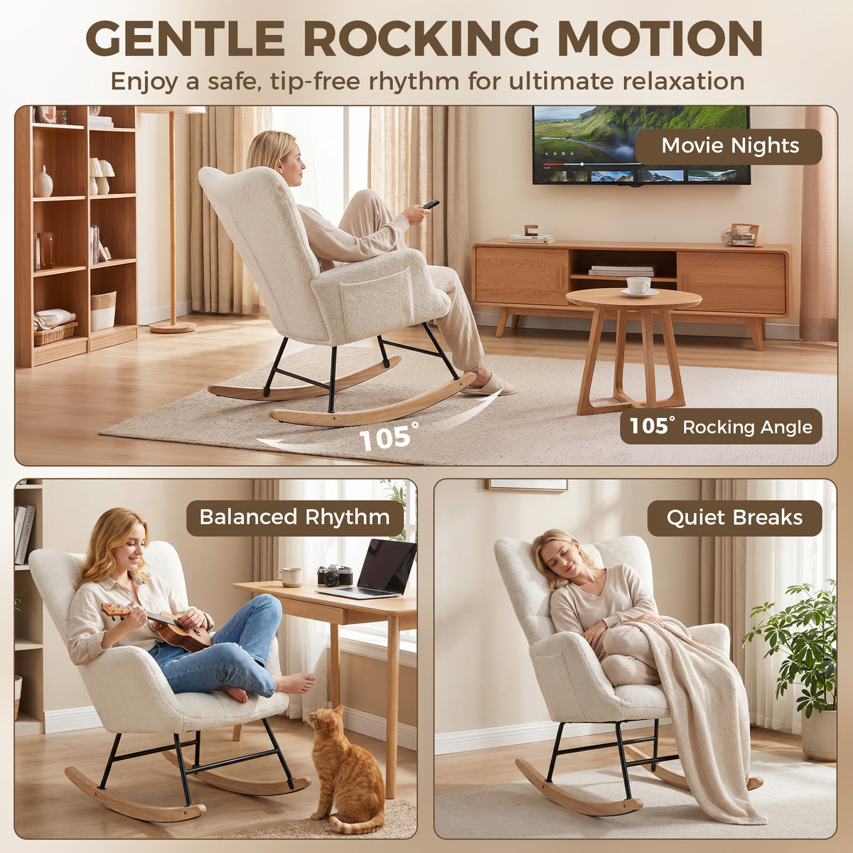 HOMCOM Rocking Chair, Teddy Fleece Rocker Chair with Tufted Wingback, Side Pockets, Rubber Wood Legs, Cream White