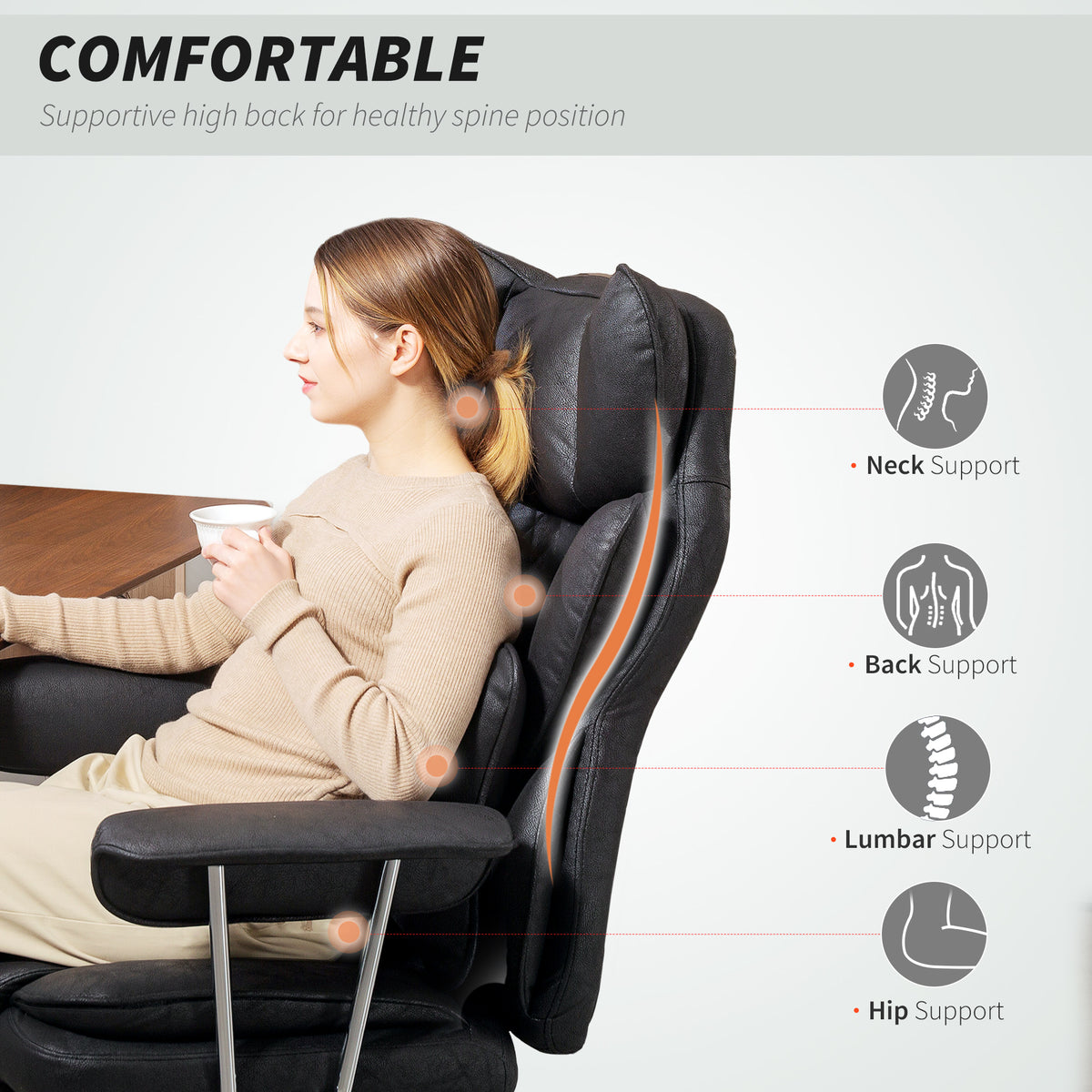 HOMCOM Leathaire Reclining Office Chair with Lumbar Support Pillow - Black