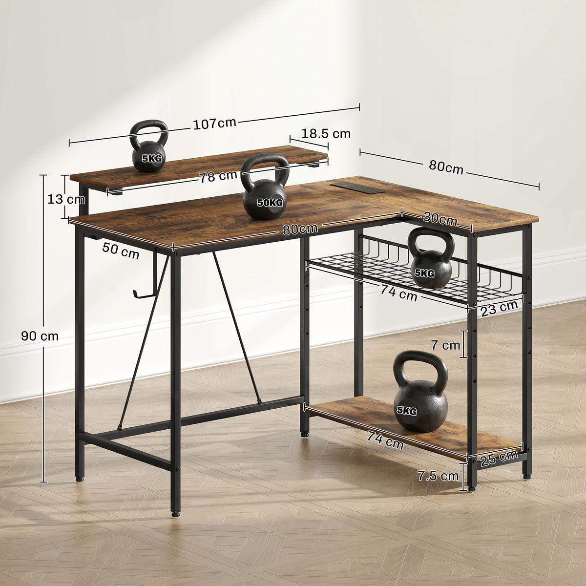 HOMCOM Reversible 'L' LED Light Gaming/Work Desk - Rustic Brown