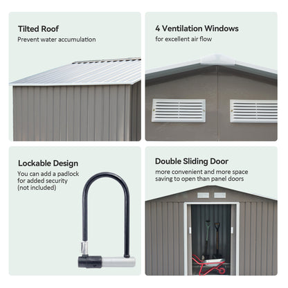Outsunny 9 x 6FT Outdoor Garden Roofed Metal Storage Shed Tool Box with Foundation Ventilation & Doors Light, Grey