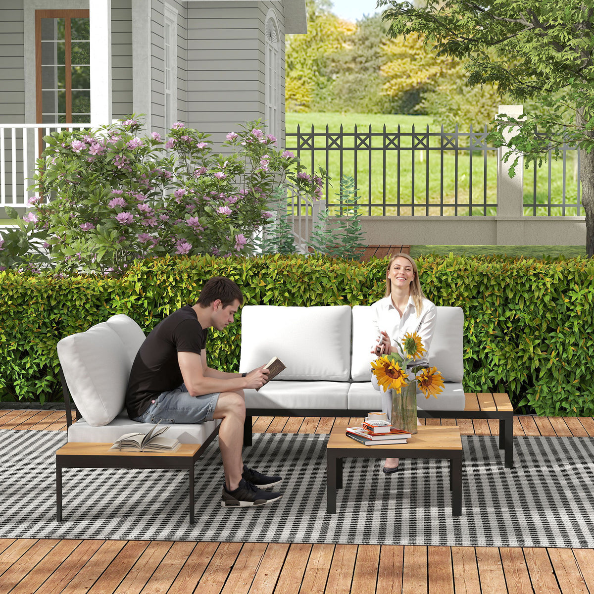 Outsunny Four-Piece Garden Corner Sofa Set with 2 Loveseats and 2 Coffee Tables - Teak