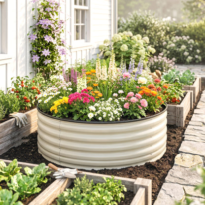 Outsunny Galvanised Raised Garden Bed with Safety Edging, Outdoor Raised Planter Box with Gloves, 120 x 120 x 43cm, Cream White