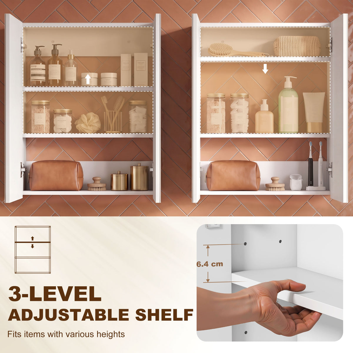 HOMCOM Wall Mounted Bathroom Mirror Storage Cabinet w/ Door Adjustable Shelf, White