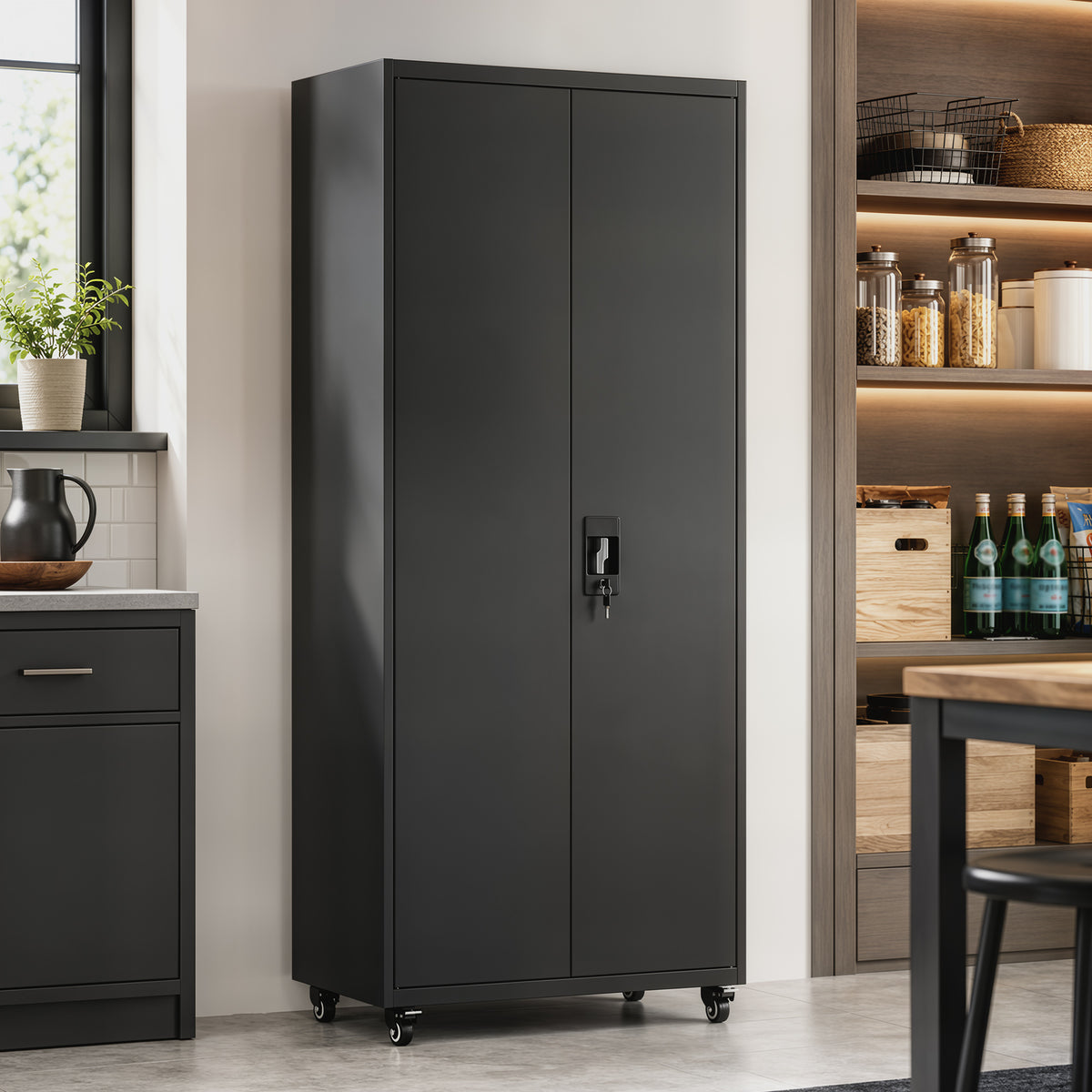 HOMCOM Metal Storage Cabinet, 180 cm Tall Lockable Steel Tool Cabinet with Removable Wheels and Adjustable Shelves, Black