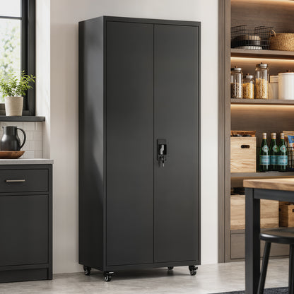 HOMCOM Metal Storage Cabinet, 180 cm Tall Lockable Steel Tool Cabinet with Removable Wheels and Adjustable Shelves, Black