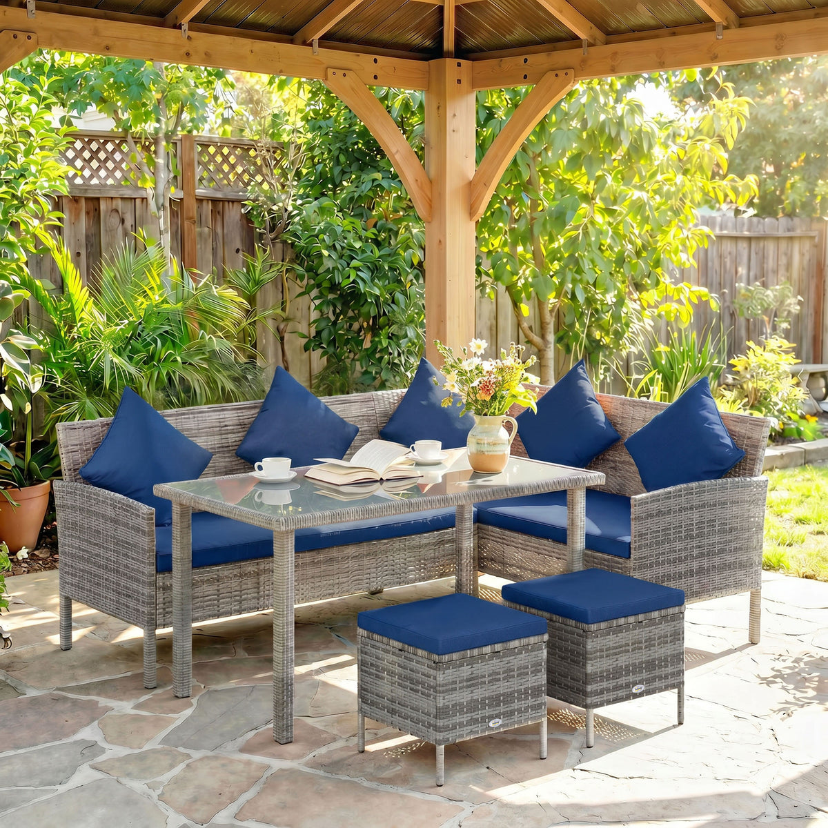 Outsunny 5 Pieces Rattan Garden Furniture Set with Dining Table, Cushions - Dark Blue