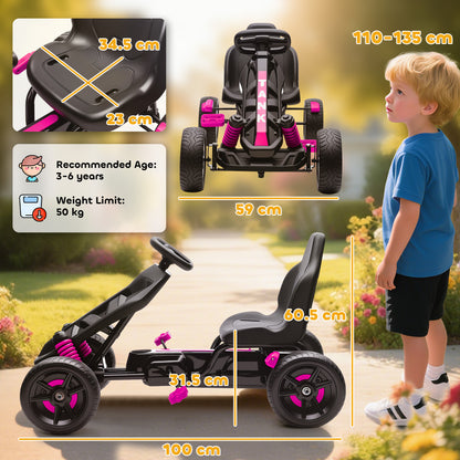 AIYAPLAY Pedal Go Kart for Kids Aged 3-6 Years, with Freewheel System, Brake, EVA Anti-Slip Wheels, Pink