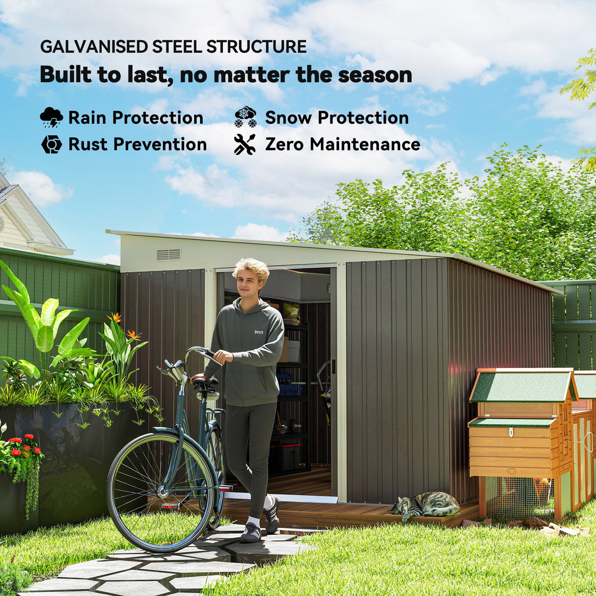 Outsunny 11.3 x 9.2ft Lean to Metal Garden Shed, Waterproof Outdoor Tool & Bike Storage Shed Galvanised with Lockable Double Sliding Doors, Pent Roof and 2 Air Vents, Grey
