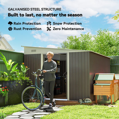 Outsunny 11.3 x 9.2ft Lean to Metal Garden Shed, Waterproof Outdoor Tool & Bike Storage Shed Galvanised with Lockable Double Sliding Doors, Pent Roof and 2 Air Vents, Grey