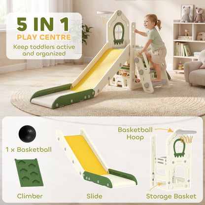AIYAPLAY Foldable 5 in 1 Toddler Slide with Ladder, Climbing Wall, Basketball Hoop, Storage and Basketball for 1-3 Years, Cream