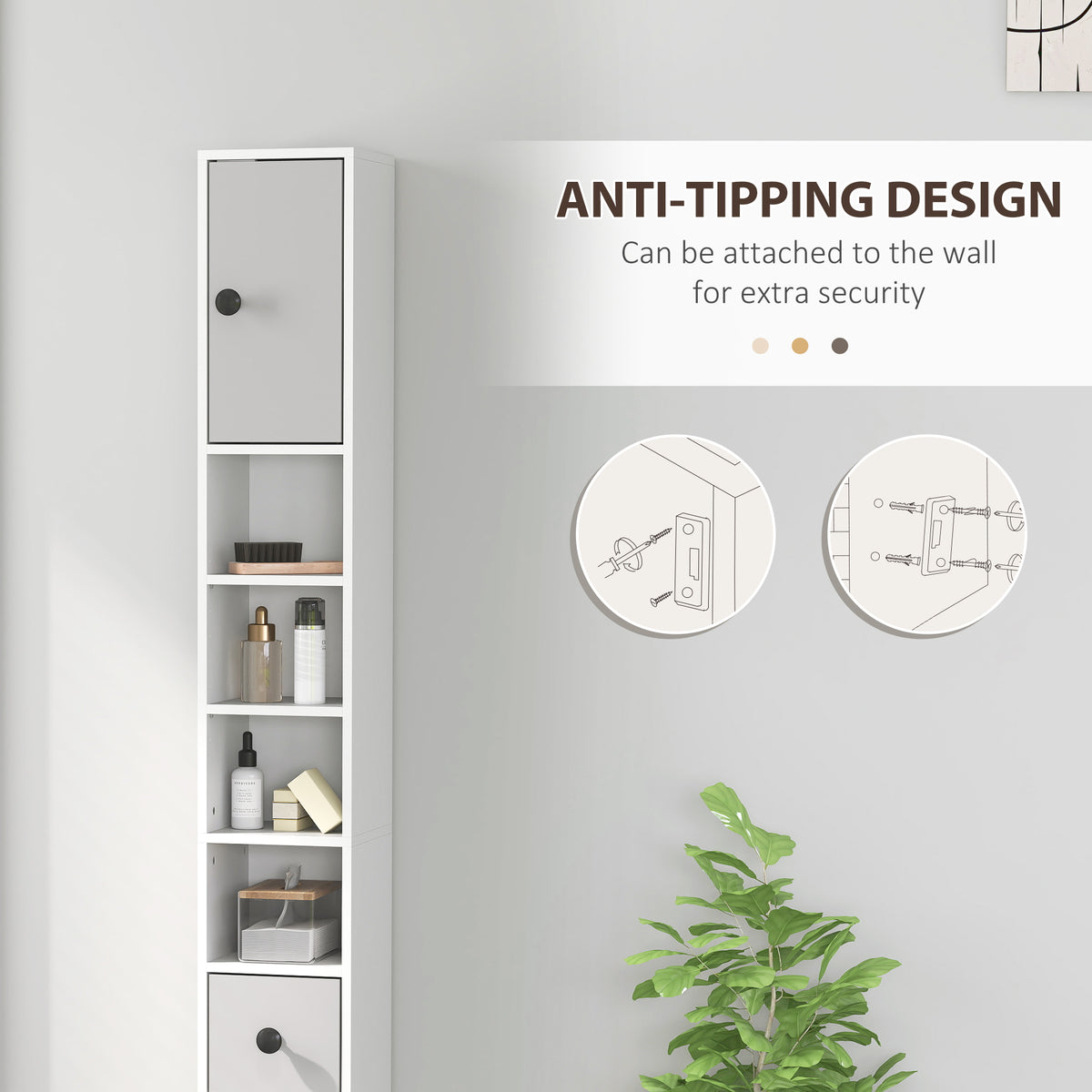 kleankin 180cm Slim Bathroom Cabinet, with Drawer, Shelves and Cupboards - Light Grey