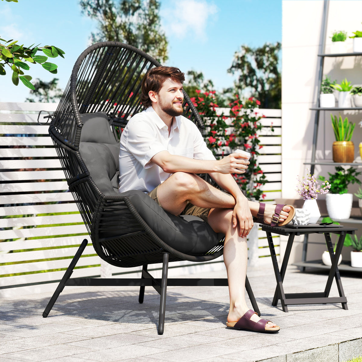 Outsunny Rattan Egg Chair, Oversized Freestanding Garden Egg Chair with Thick Tufted Cushion, Headrest, Steel Frame for Indoor and Outdoor Use, Charcoal Grey