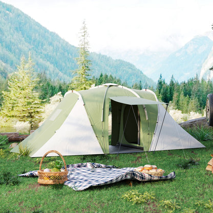 Outsunny Large Camping Tent Tunnel Tent with 2 Bedroom and Living Area, 2000mm Waterproof, Portable with Bag for 4 Man, Green