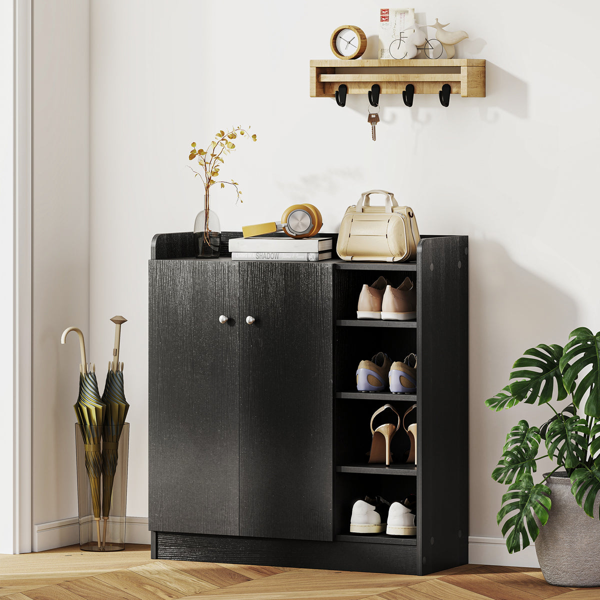 HOMCOM Shoe Storage Cabinet with Adjustable Shelves - Black