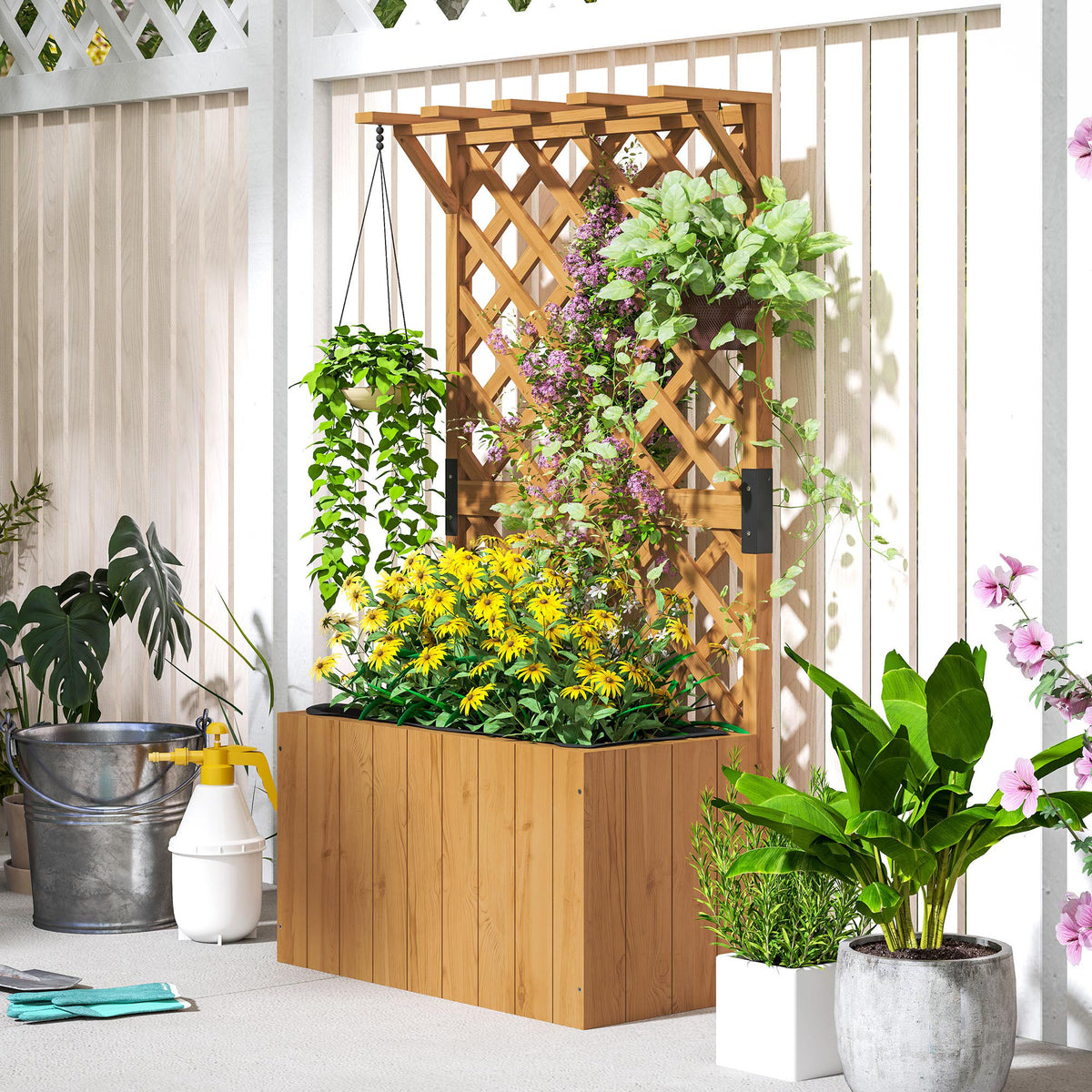 Outsunny Wooden Planter with Trellis, Freestanding Raised Garden Bed with Drainage Holes, Outdoor Planter Box with Liner for Vegetables, Herbs and Flowers, Natural