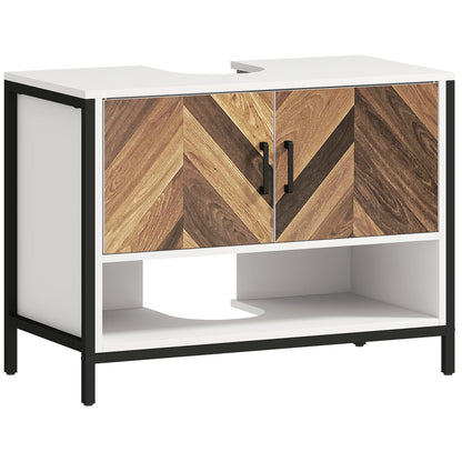 HOMCOM Under Sink Bathroom Cabinet, Rustic Under Sink Cabinet for Basin with or without Pedestal, Cream White and Walnut