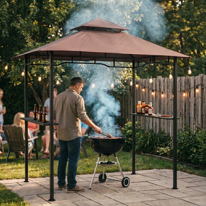 Outsunny 2.5x1.5m (8'x5') Grill Gazebo Canopy, Double Tiered Outdoor BBQ Gazebo Shelter with 2 Side Shelves for Garden, Patio, Barbecue, Picnic, Coffee