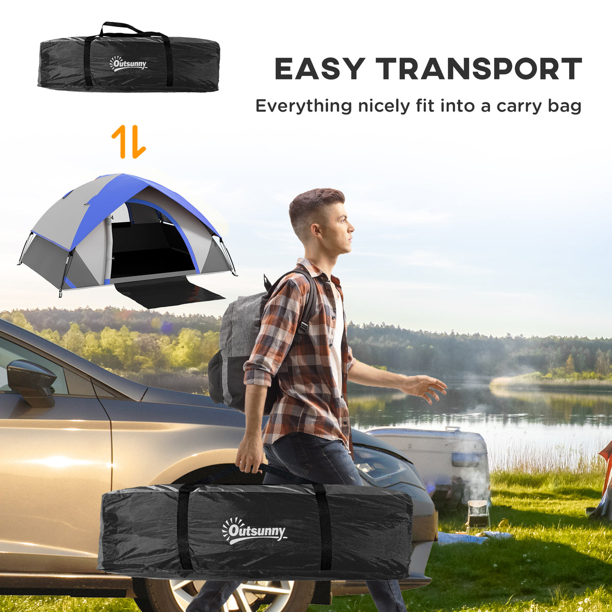 Outsunny Two Man Single Room Dome Tent, with Accessories - Dark Blue/Grey