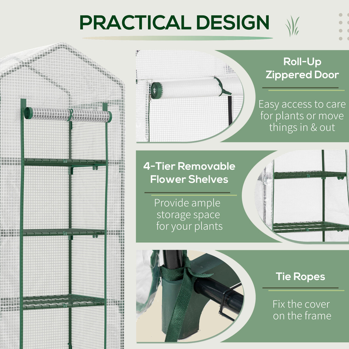 Outsunny 4 Tier Mini Greenhouse, Portable Compact Green House with Steel Frame, PE Cover, Roll-up Door, 70 x 50 x 160 cm, White